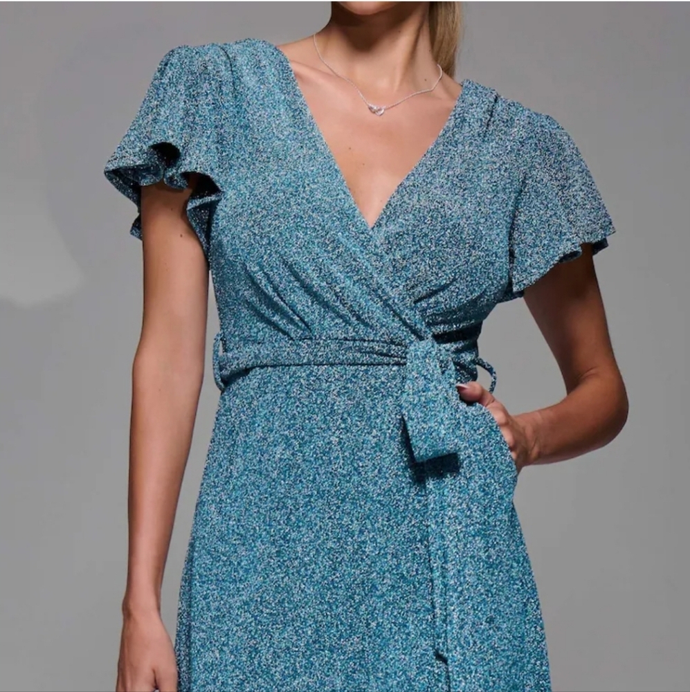 Olivia + James Green Short Sleeves Satin V-neck Wrap Mini Dress Belted